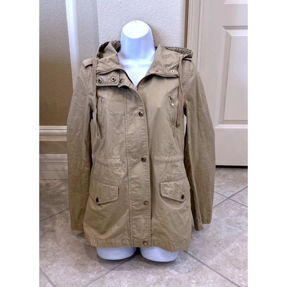 Love Tree Women Khaki Tan Utility Anorak Jacket Hooded Cinched Waist Small